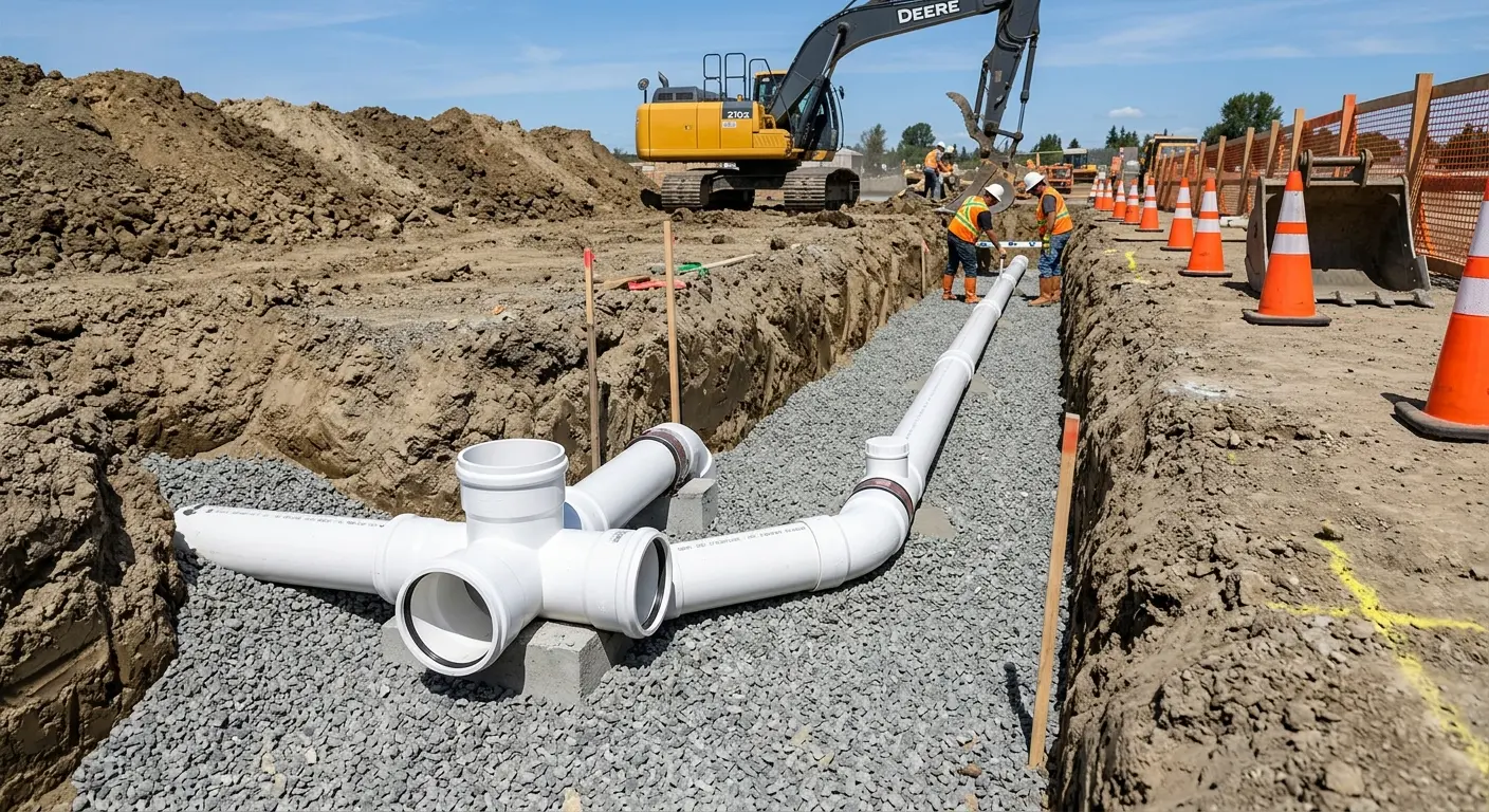 New PVC sewer pipe installation in open trench for Sewer Backup in Bithlo