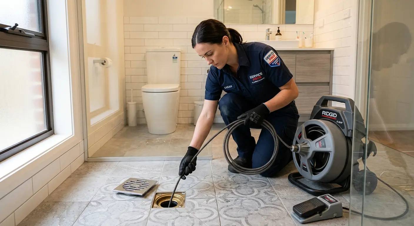 Technician clearing a bathroom floor drain for Drain Cleaning in Bithlo